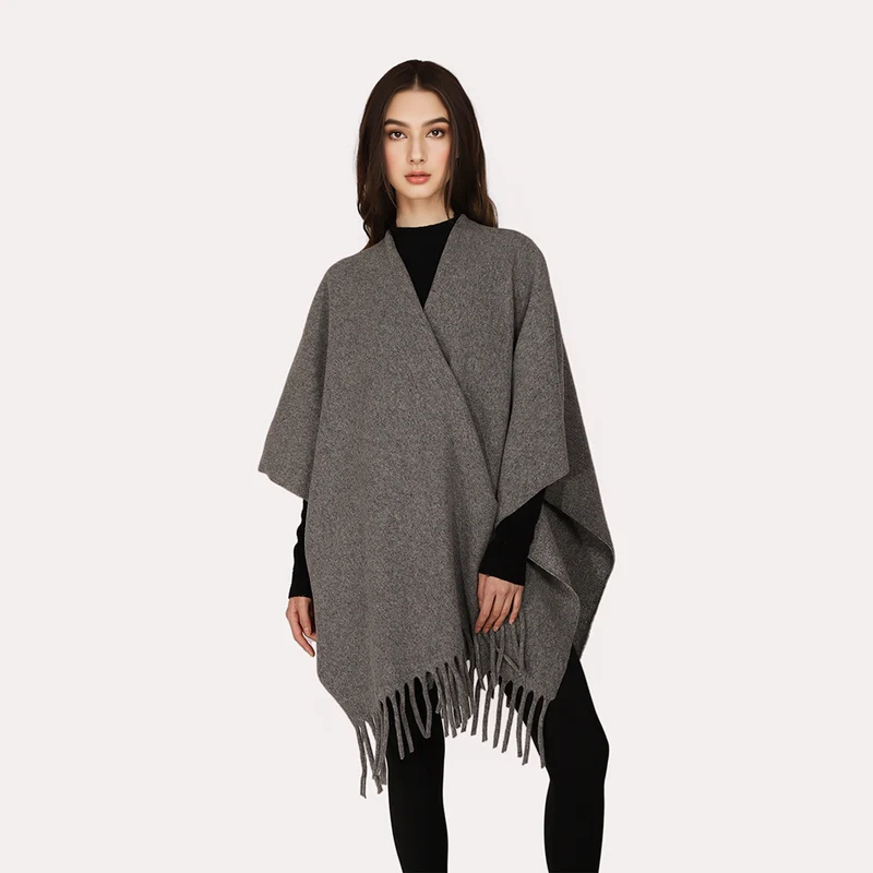 Damen Kaschmir‑Optik Capeponcho mit Fransen und offenem Oversize‑Schnitt Drune