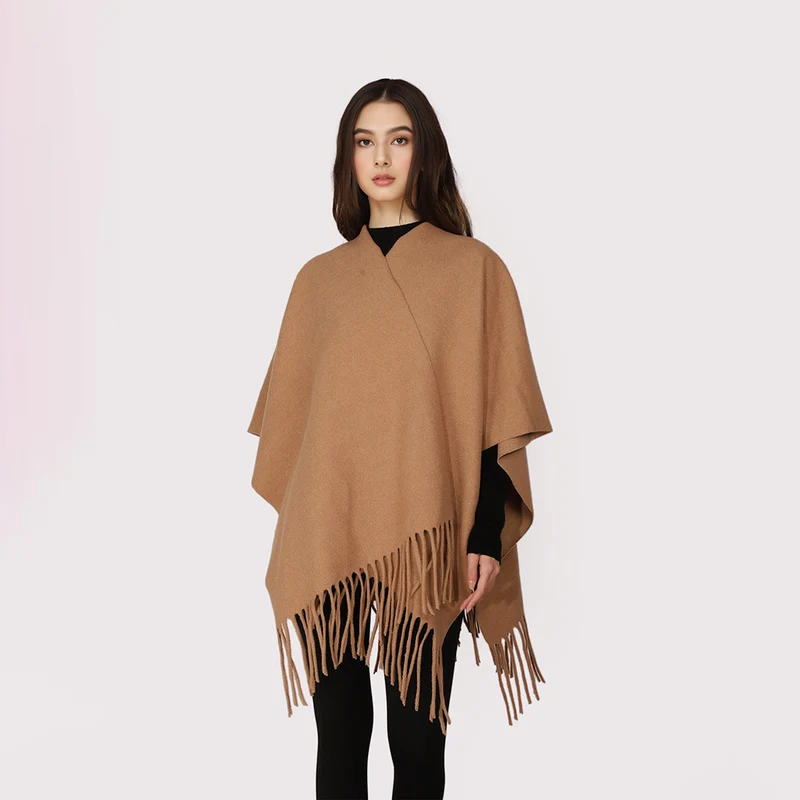 Damen Kaschmir‑Optik Capeponcho mit Fransen und offenem Oversize‑Schnitt Drune