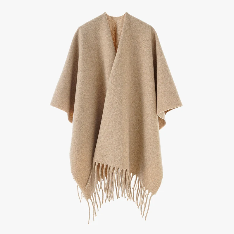 Damen Kaschmir‑Optik Capeponcho mit Fransen und offenem Oversize‑Schnitt Drune