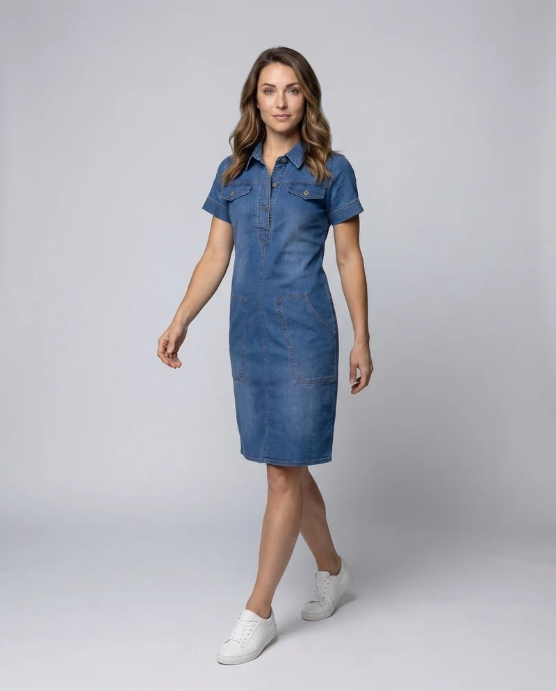Damen Denim-Hemdkleid Brustpattentaschen Knielang