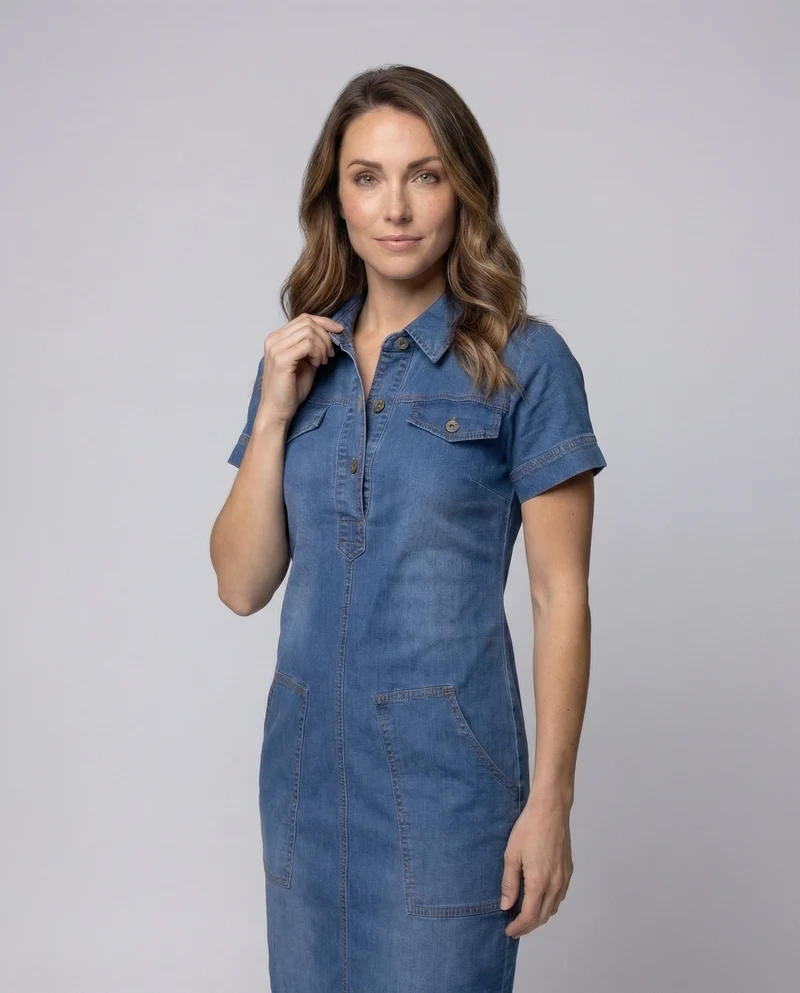 Damen Denim-Hemdkleid Brustpattentaschen Knielang