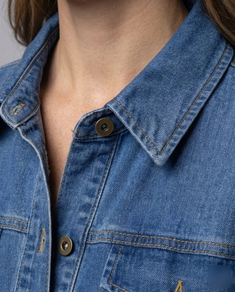Damen Denim-Hemdkleid Brustpattentaschen Knielang