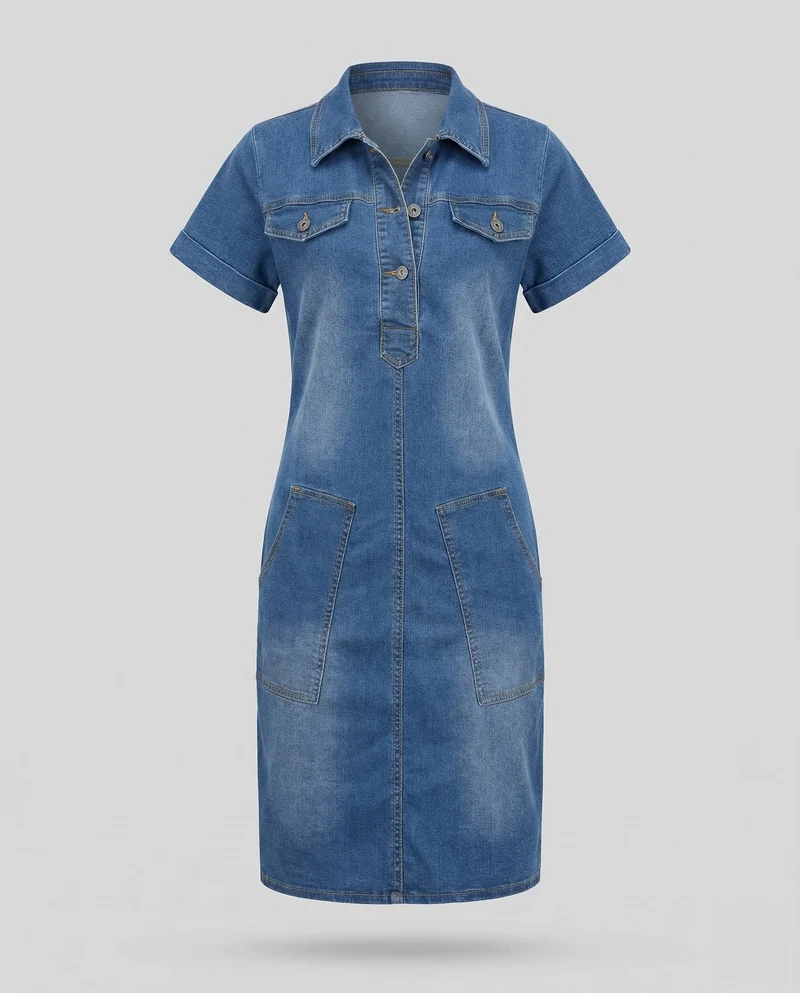Damen Denim-Hemdkleid Brustpattentaschen Knielang