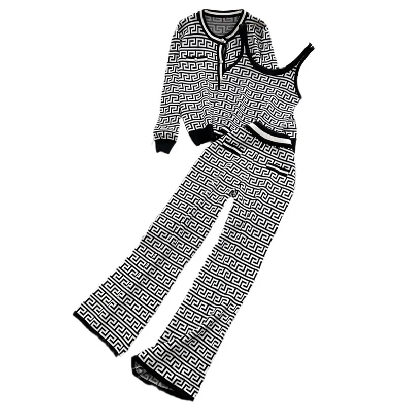 Damen modisches Strick-Loungewear-Set mit geometrischem Muster und Cardigan Drune