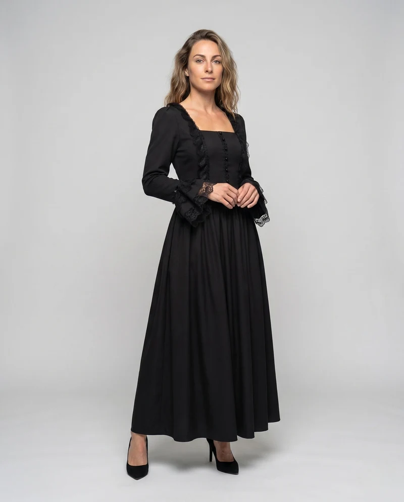 Damen elegantes Maxikleid mit Spitzenärmeln und Schnürung Drune