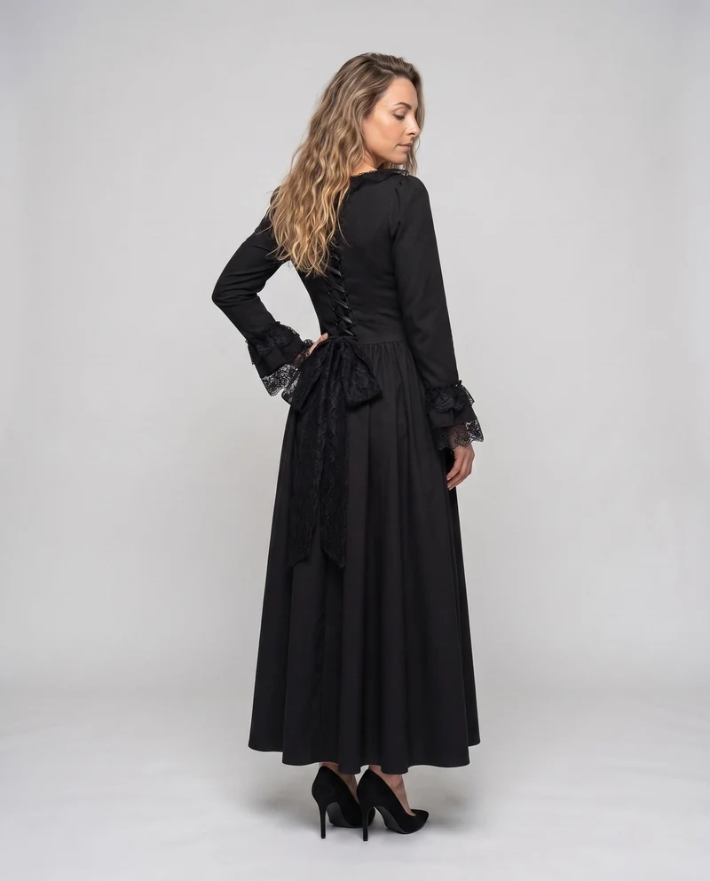 Damen elegantes Maxikleid mit Spitzenärmeln und Schnürung Drune