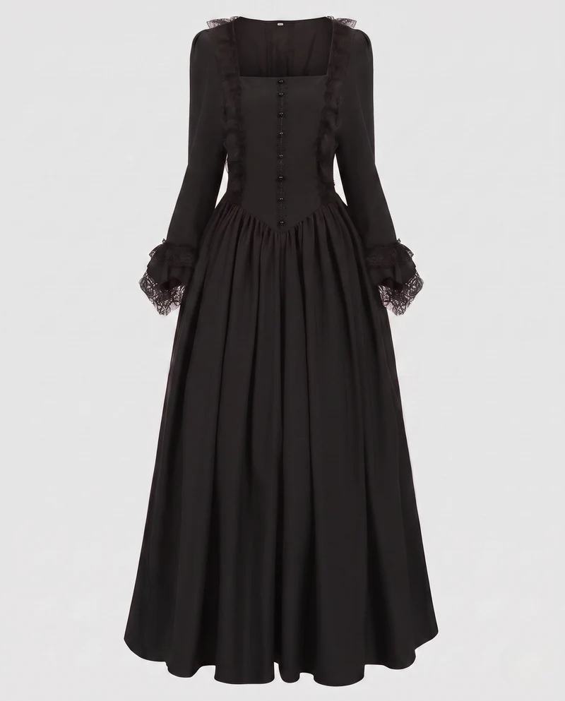 Damen elegantes Maxikleid mit Spitzenärmeln und Schnürung Drune