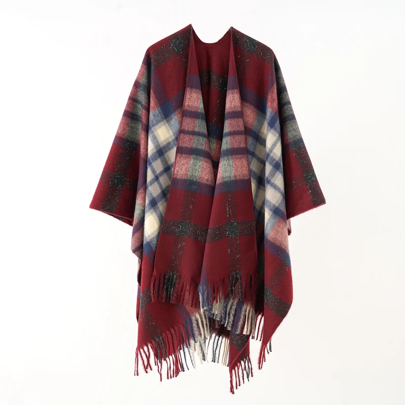 Damen Oversize karierter Wollponcho mit Fransen Drune