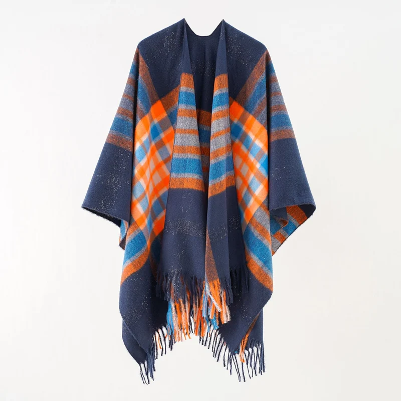 Damen Oversize karierter Wollponcho mit Fransen Drune