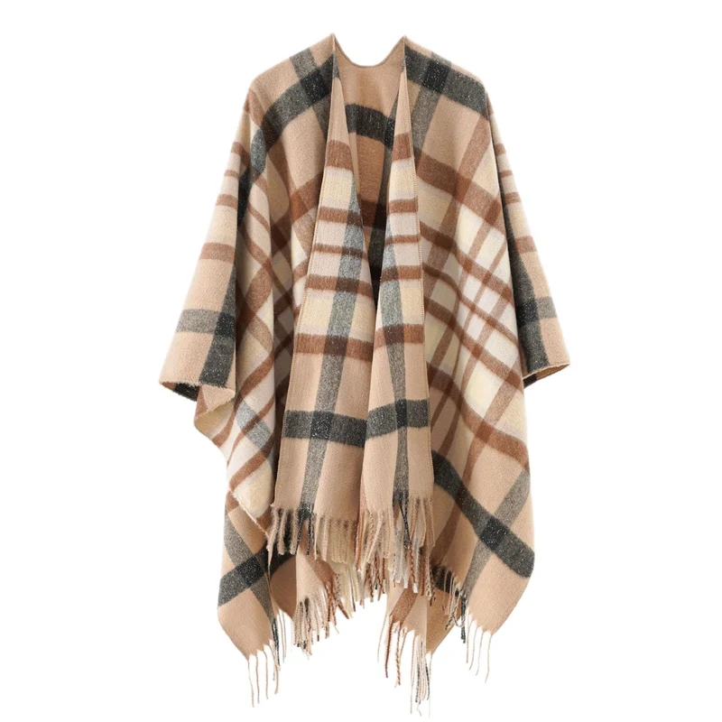Damen Oversize karierter Wollponcho mit Fransen Drune