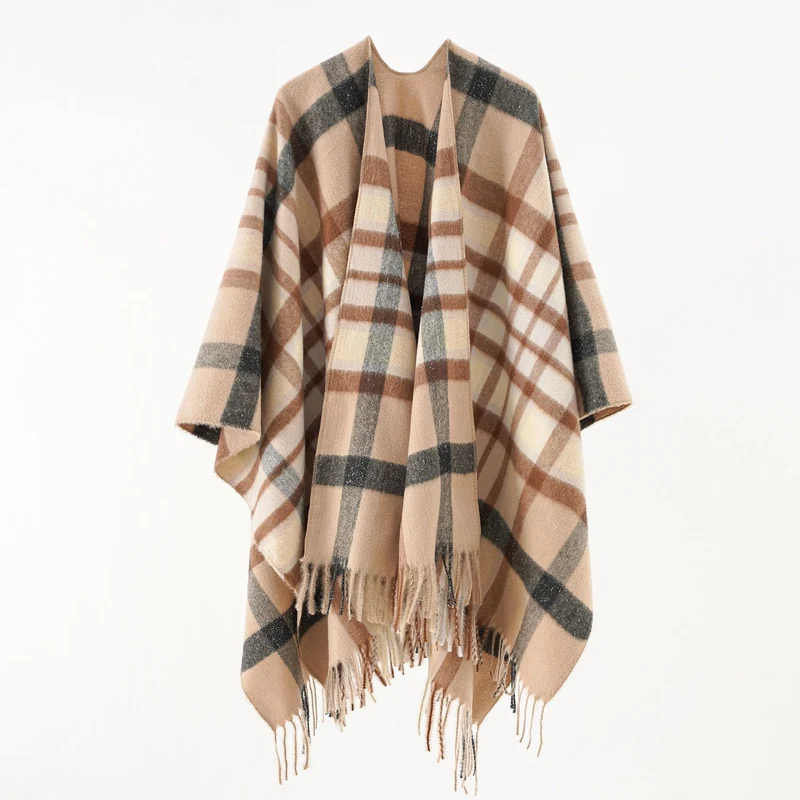 Damen Oversize karierter Wollponcho mit Fransen Drune