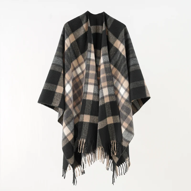 Damen Oversize karierter Wollponcho mit Fransen Drune
