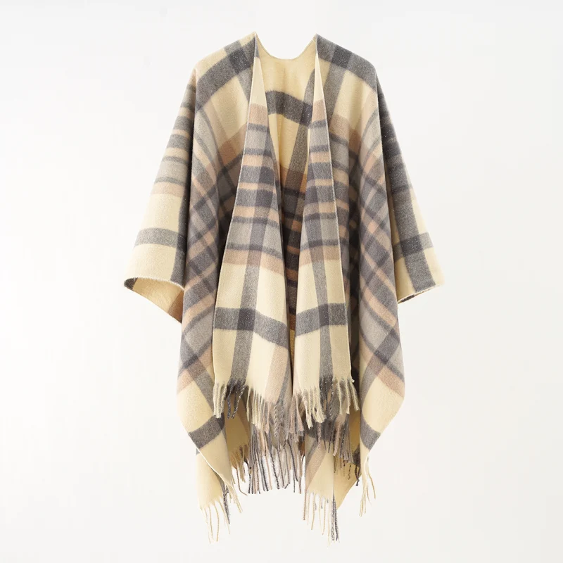 Damen Oversize karierter Wollponcho mit Fransen Drune