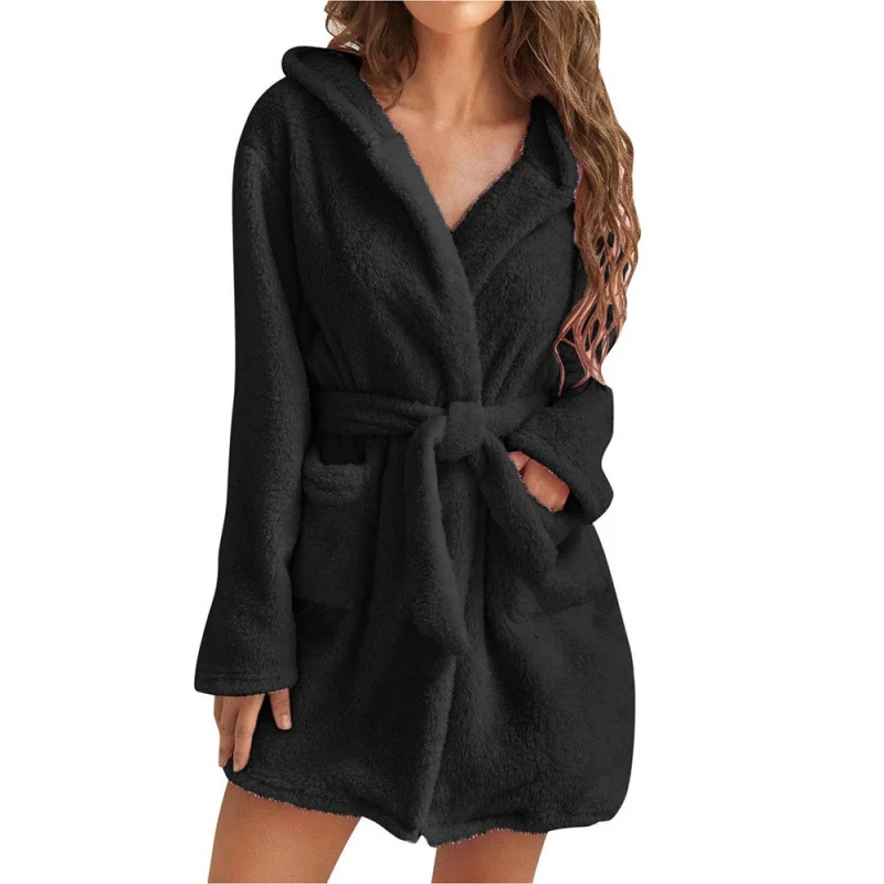 Damen Kuscheliger Fleece-Bademantel mit Kapuze und Taillengürtel Drune