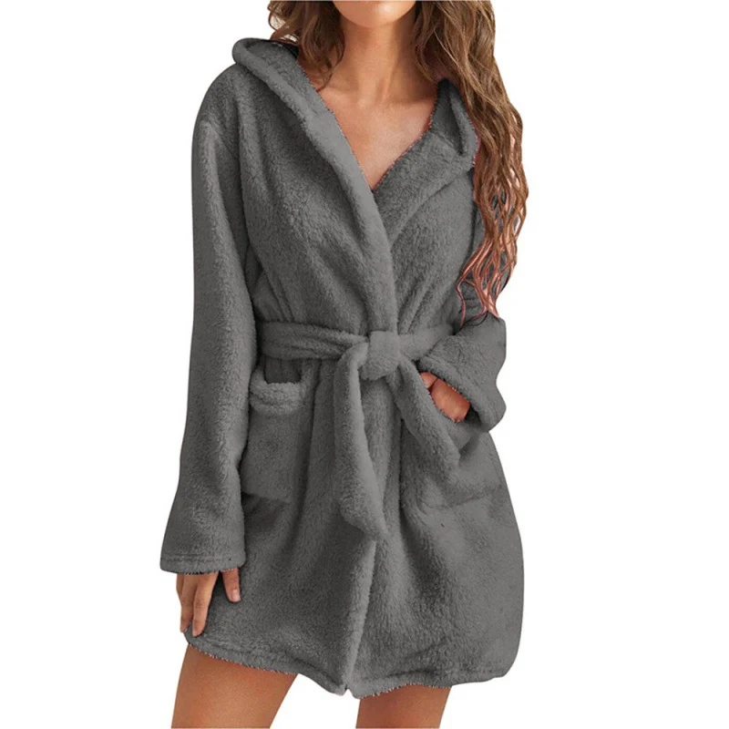 Damen Kuscheliger Fleece-Bademantel mit Kapuze und Taillengürtel Drune
