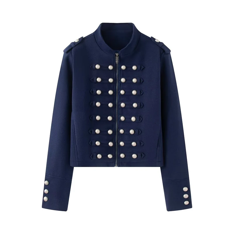 Damen Kurzgeschnittene Militärjacke mit Perlenbesatz und Stehkragen Drune
