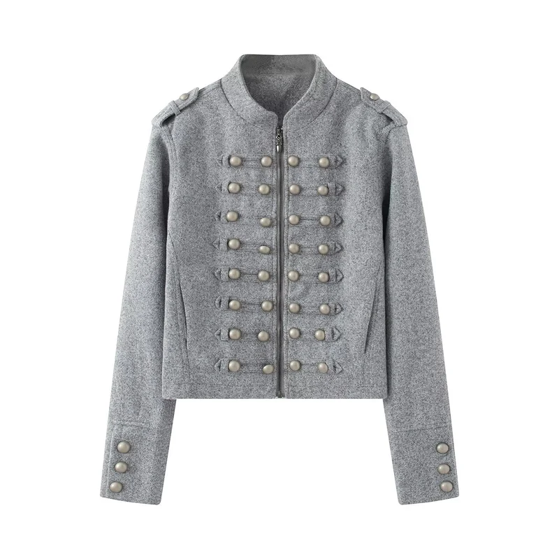 Damen Kurzgeschnittene Militärjacke mit Perlenbesatz und Stehkragen Drune