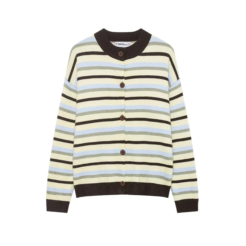 Damen Kurzgeschnittene gestreifte Strickjacke mit Rundhalsausschnitt und Knopfleiste Drune