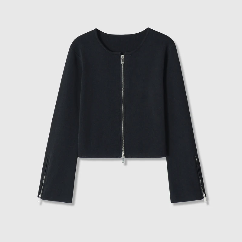 Damen Kurzgeschnittene Feinstrick-Jacke mit Zwei-Wege-Reißverschluss und Ärmelzipper Drune