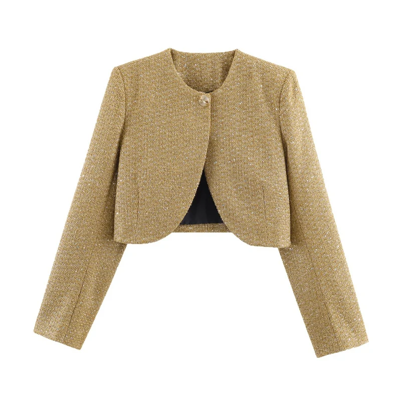 Damen Kurzgeschnittene Bouclé-Cropped-Jacke mit Rundhalsausschnitt und Ein-Knopf-Verschluss Drune