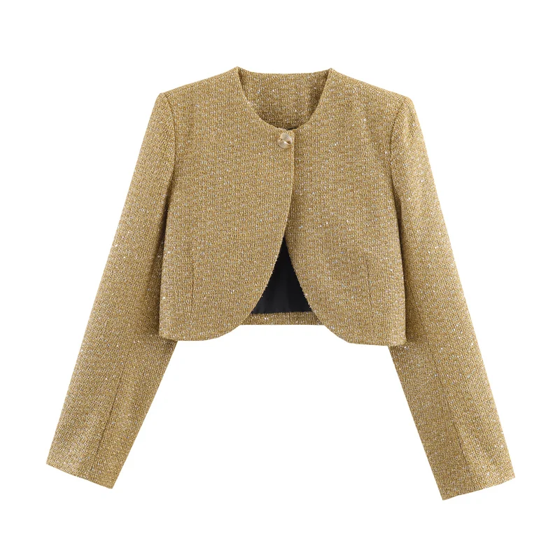 Damen Kurzgeschnittene Bouclé-Cropped-Jacke mit Rundhalsausschnitt und Ein-Knopf-Verschluss Drune
