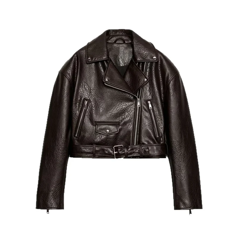 Damen Kurzgeschnittene Bikerjacke aus strukturiertem Lederimitat mit Taillengürtel Drune