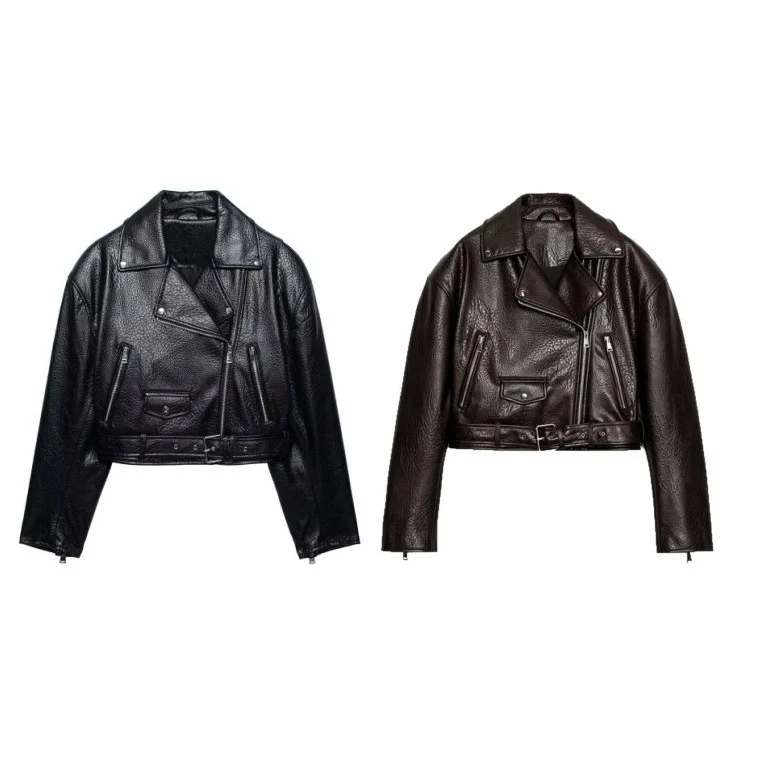 Damen Kurzgeschnittene Bikerjacke aus strukturiertem Lederimitat mit Taillengürtel Drune