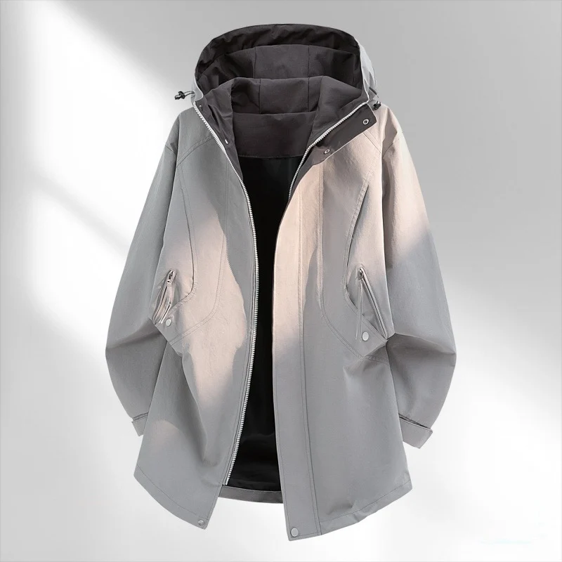 Herren Wasserabweisende Oversize-Utility-Übergangsjacke mit Kapuze und verdecktem Zwei-Wege-Reißverschluss Drune