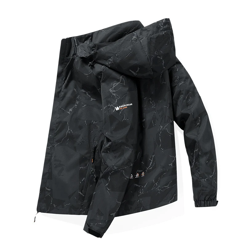 Herren Wasserabweisende Kapuzen-Softshell‑Übergangsjacke mit Camouflage‑Marmorprint, verstellbarem Saum & Reißverschlusstaschen Drune
