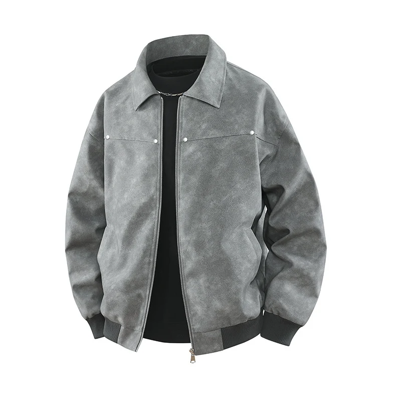 Herren Vintage-inspirierte Veloursleder-Optik Bomberjacke mit Hemdkragen & Rippbund Drune