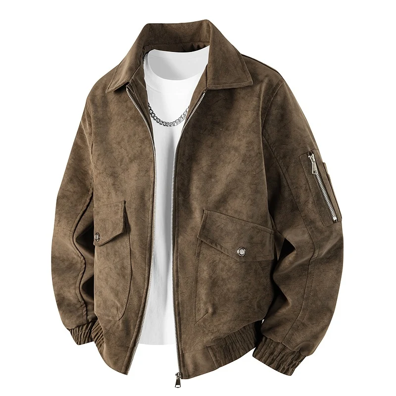 Herren Velourslederoptik Oversize-Bomberjacke mit Utility-Ärmeltasche & Pattentaschen Drune