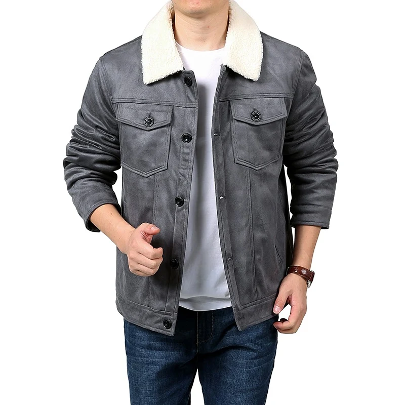 Herren Velourslederoptik Hemdjacke im Trucker‑Stil mit Teddykragen & Pattentaschen Drune