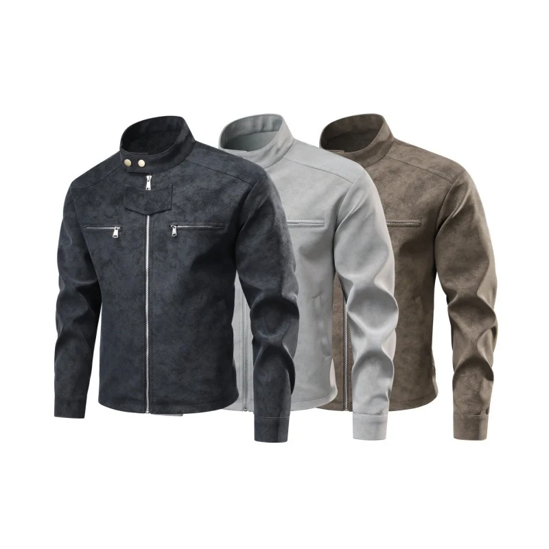 Herren Velourslederoptik-Bikerjacke mit Stehkragen, Brustreißverschlusstaschen & verdeckter Druckknopfblende Drune