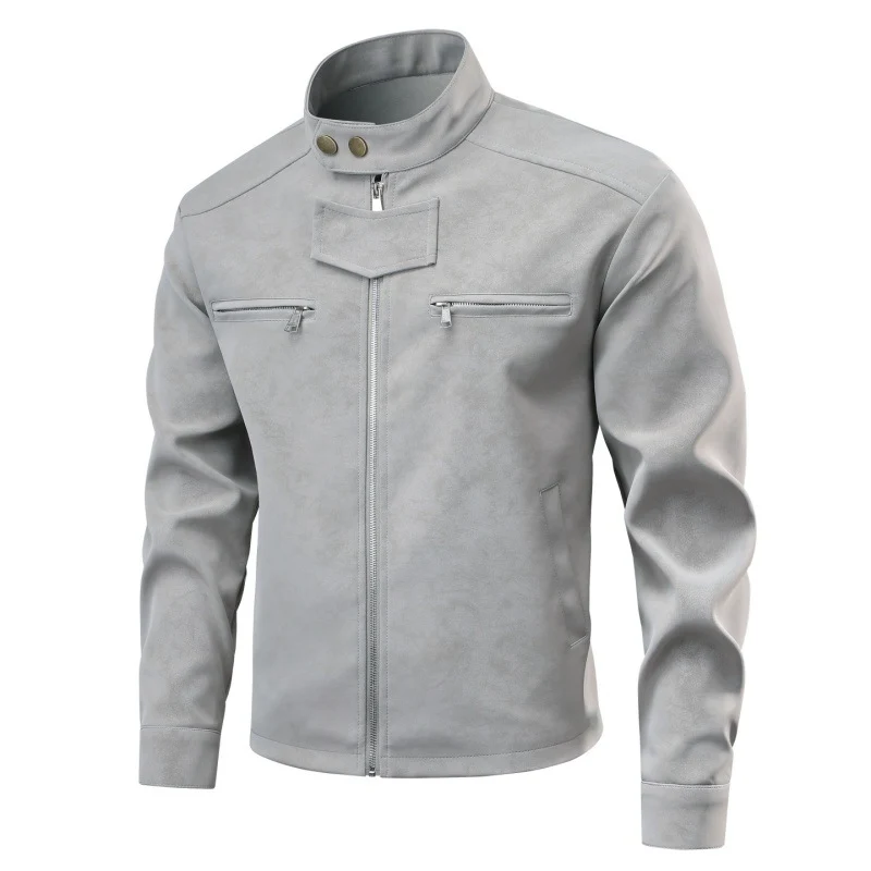 Herren Velourslederoptik-Bikerjacke mit Stehkragen, Brustreißverschlusstaschen & verdeckter Druckknopfblende Drune