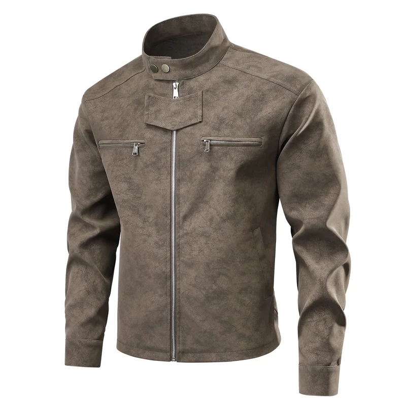 Herren Velourslederoptik-Bikerjacke mit Stehkragen, Brustreißverschlusstaschen & verdeckter Druckknopfblende Drune