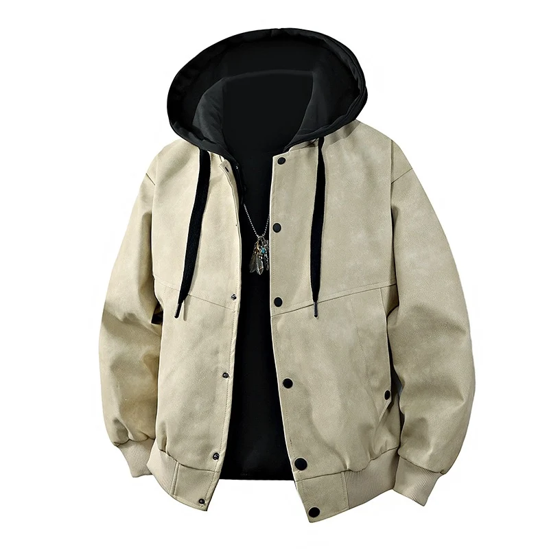 Herren Veloursleder‑Optik Kapuzenjacke mit Druckknopfblende, Oversize‑Schnitt & gerippten Bündchen Drune
