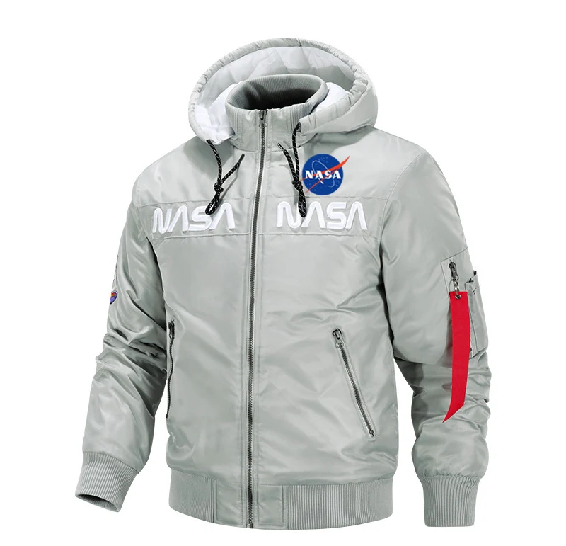 Herren glänzende Luft- und Raumfahrt Emblem Kapuzenjacke mit Reißverschluss vorne Bomberjacke Drune