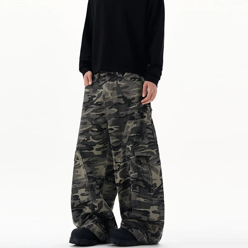 Herren Extraweite Camouflage-Cargohose im Baggy‑Cut mit tiefem Schritt Drune