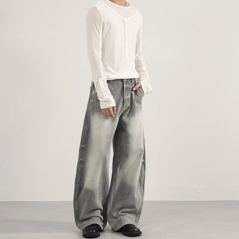 Herren Bodenlange Oversized-Denim-Palazzohose mit verwaschener Fade-Optik und tiefem Schritt Drune