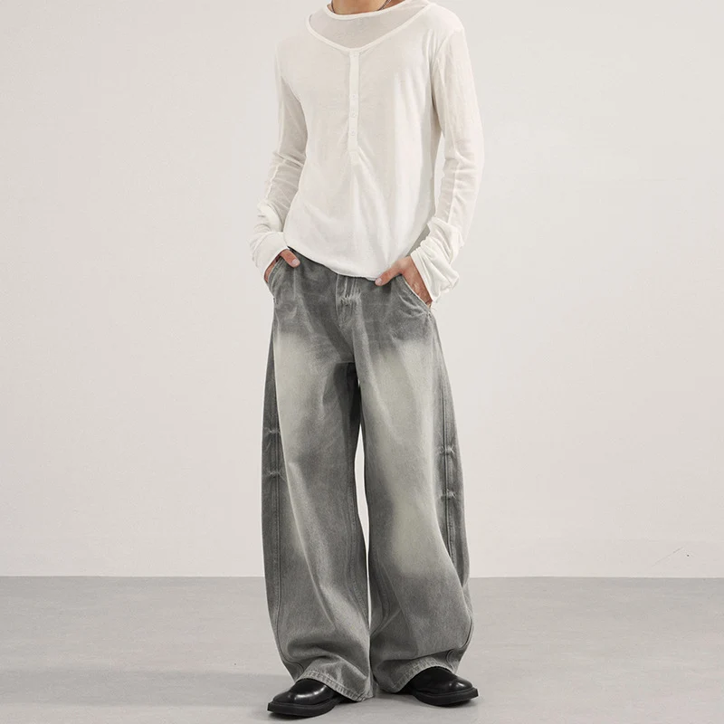 Herren Bodenlange Oversized-Denim-Palazzohose mit verwaschener Fade-Optik und tiefem Schritt Drune