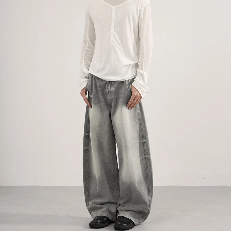 Herren Bodenlange Oversized-Denim-Palazzohose mit verwaschener Fade-Optik und tiefem Schritt Drune