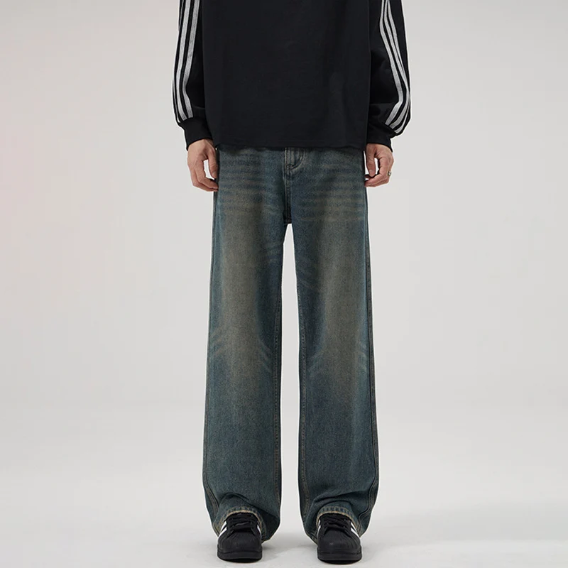 Herren Baggy-Jeans mit tiefem Schritt, verwaschener Vintage-Denim und geradem Bein Drune