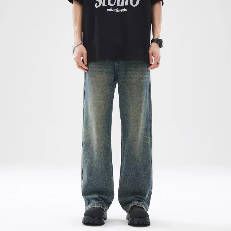 Herren Baggy-Jeans mit tiefem Schritt, verwaschener Vintage-Denim und geradem Bein Drune