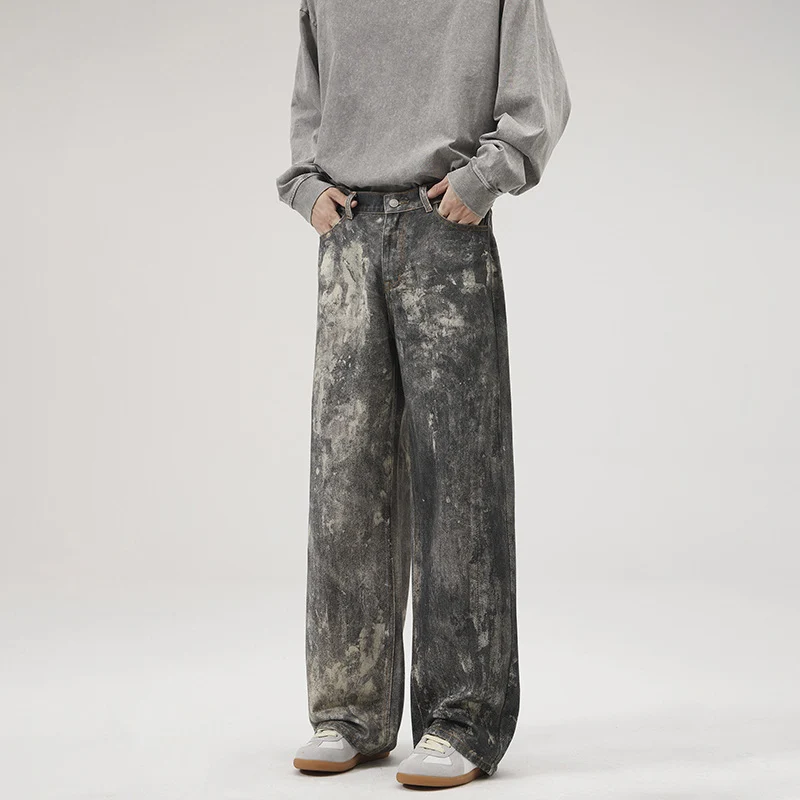 Herren Baggy-Denim mit künstlerischer Bleach-Optik und weitem Bein Drune