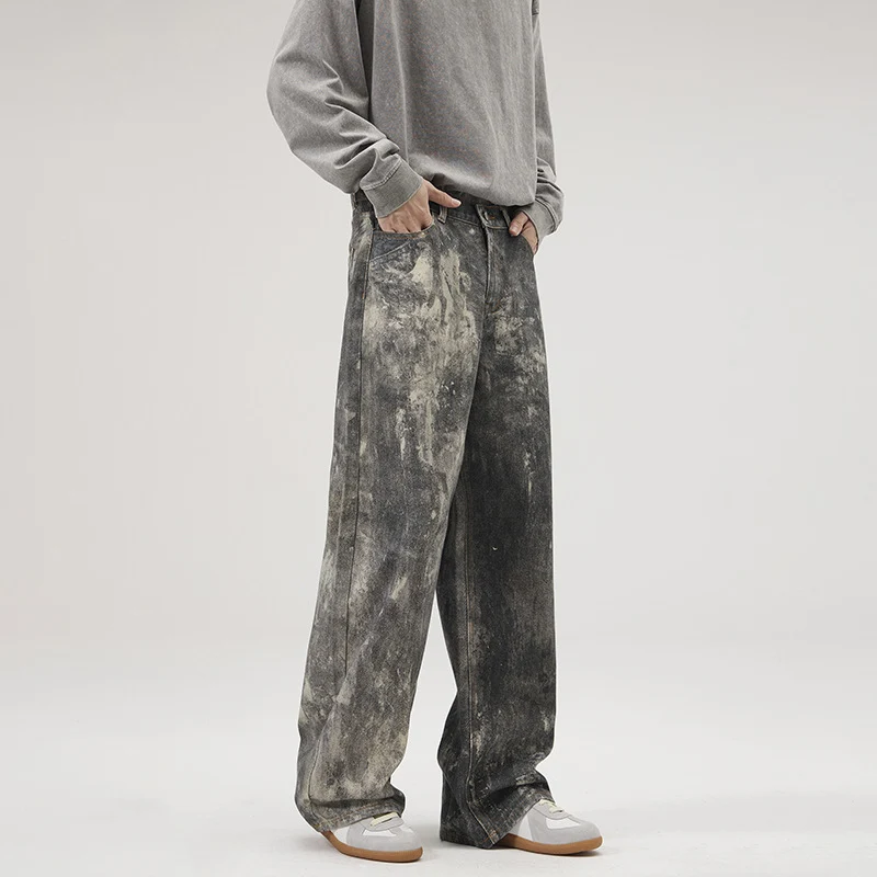 Herren Baggy-Denim mit künstlerischer Bleach-Optik und weitem Bein Drune