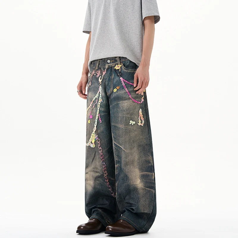 Herren Baggy-Denim-Jeans mit handbemaltem Kettenprint und Applikationen Drune