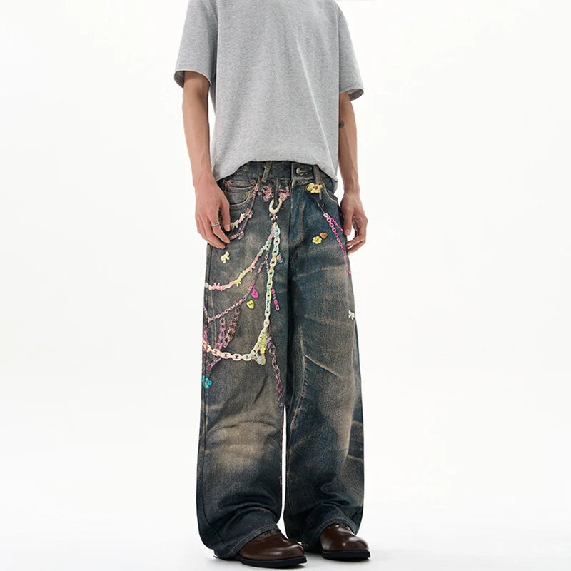 Herren Baggy-Denim-Jeans mit handbemaltem Kettenprint und Applikationen Drune