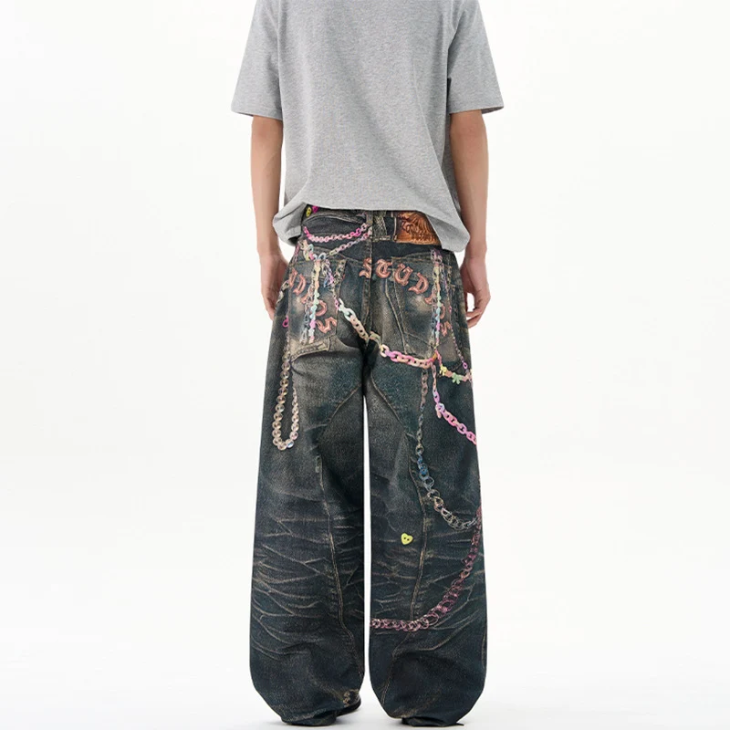 Herren Baggy-Denim-Jeans mit handbemaltem Kettenprint und Applikationen Drune