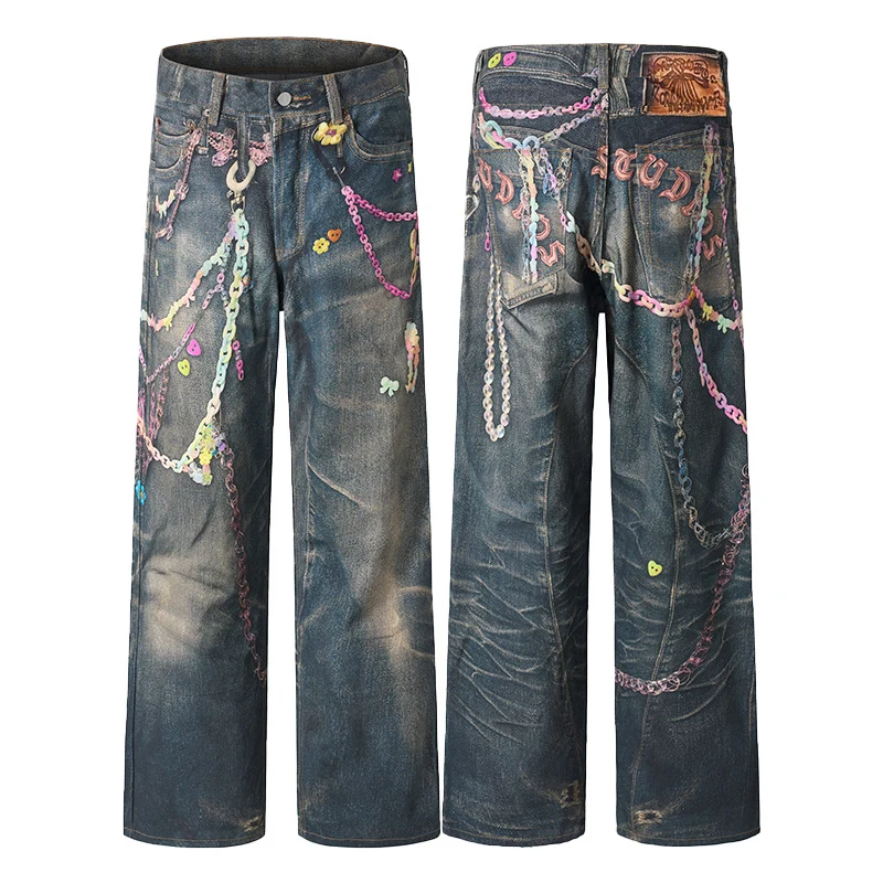 Herren Baggy-Denim-Jeans mit handbemaltem Kettenprint und Applikationen Drune