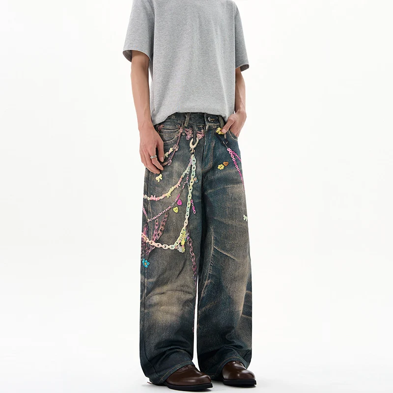 Herren Baggy-Denim-Jeans mit handbemaltem Kettenprint und Applikationen Drune